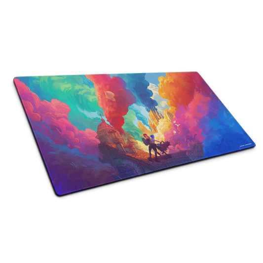 XL desk and gaming playmat featuring "Paint the Town Blue" design by Naomi VanDoren, measuring 36x18 inches.