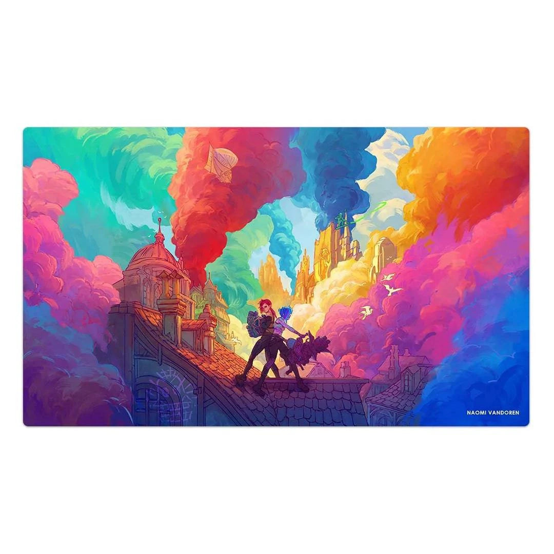 Large Naomi VanDoren Paint the Town Blue desk and gaming playmat featuring vibrant blue arcane artwork and a smooth surface.
