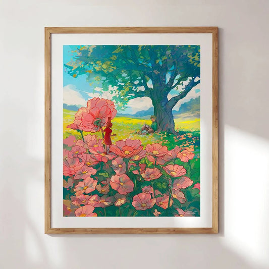 Framed art print of Arrietty from The Secret World by Naomi VanDoren, featuring bamboo in a detailed, colorful illustration.