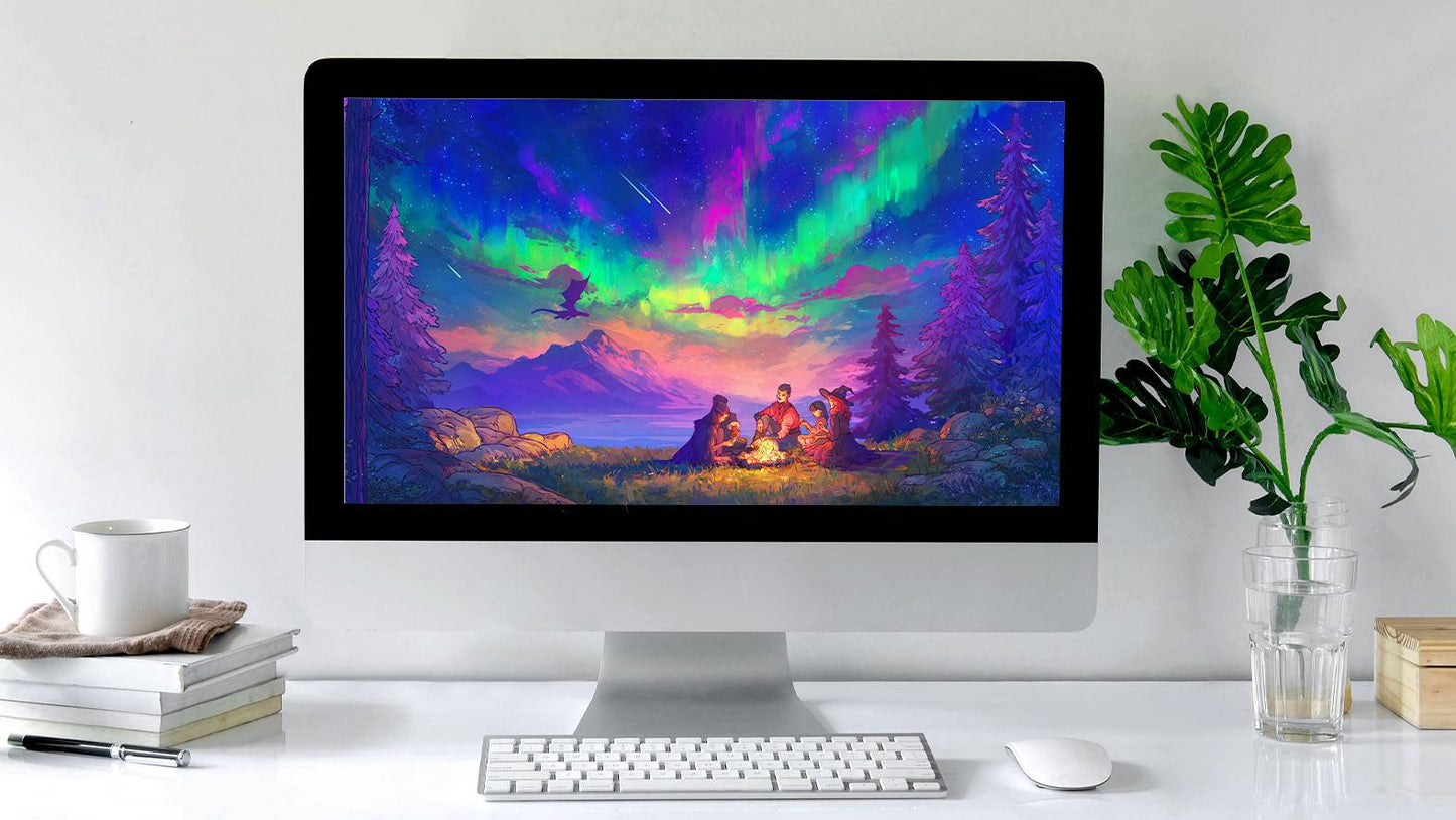 HD desktop wallpaper featuring an Aurora Dragon, digital download by Naomi VanDoren from Adventure Art & Stories.