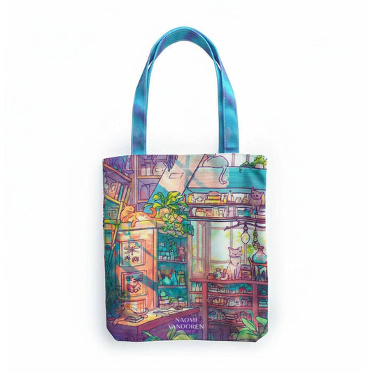 Cat Shop Apothecary tote bag by Naomi VanDoren featuring colorful cat illustrations on a durable fabric design.