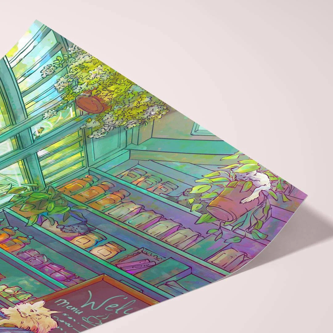 Art print by Naomi VanDoren featuring a whimsical cat cafe scene with colorful illustrations and charming details.