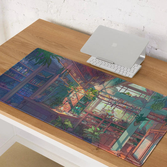 XL desk and gaming playmat featuring whimsical cat artwork by Naomi VanDoren for a colorful gaming setup.