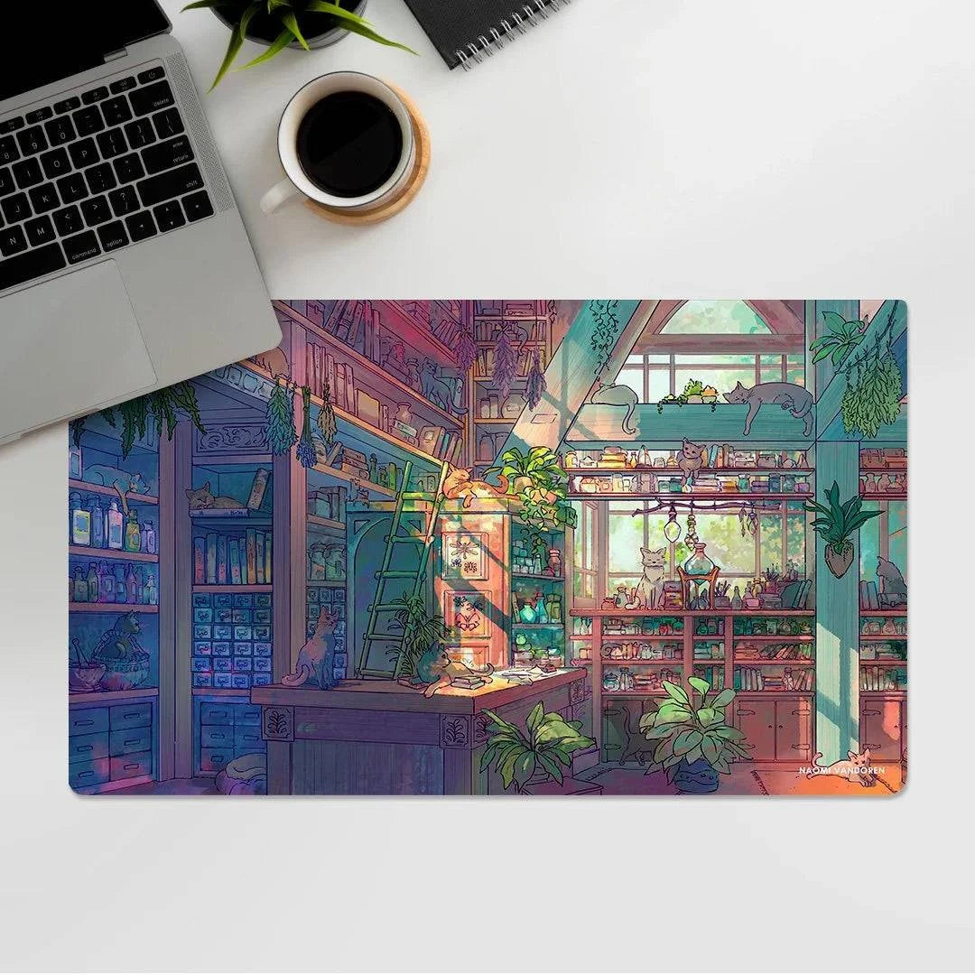 XL cat-themed desk and gaming playmat by Naomi VanDoren from Adventure Art & Stories, featuring colorful, detailed feline artwork.