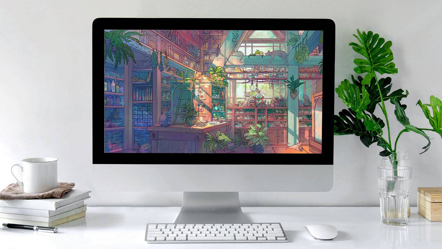 HD ultra-wide desktop wallpaper featuring a whimsical cat shop scene by Naomi VanDoren for digital download.