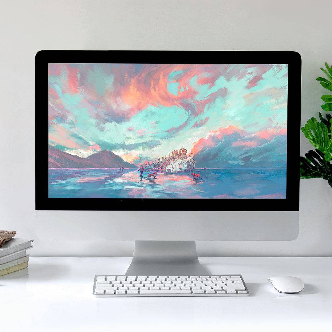 HD ultra-wide desktop wallpaper featuring a fantasy dragon at a beach, created by Naomi VanDoren for Adventure Art & Stories.
