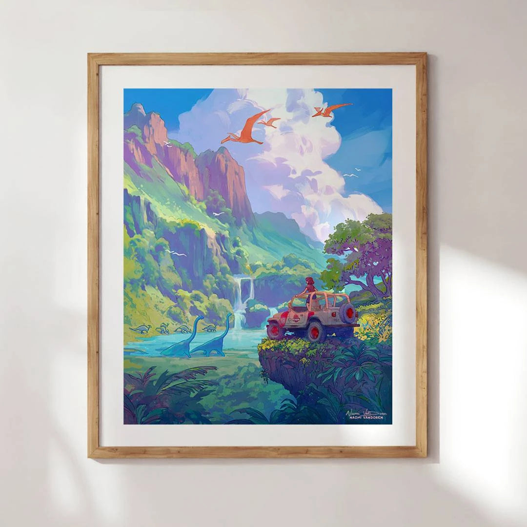 Framed art print "Echoes of a Lost World" by Naomi VanDoren, featuring a vibrant landscape with mystical elements.
