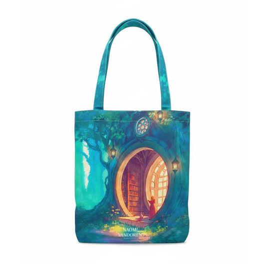 Forest Library tote bag by Naomi VanDoren featuring a whimsical forest design and sturdy handles for easy carrying.