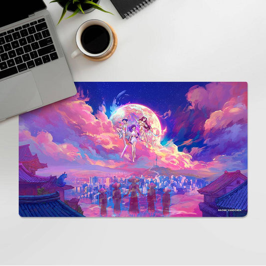 XL gaming playmat featuring vibrant Demon Hunters artwork by Naomi VanDoren for desk and gaming use.