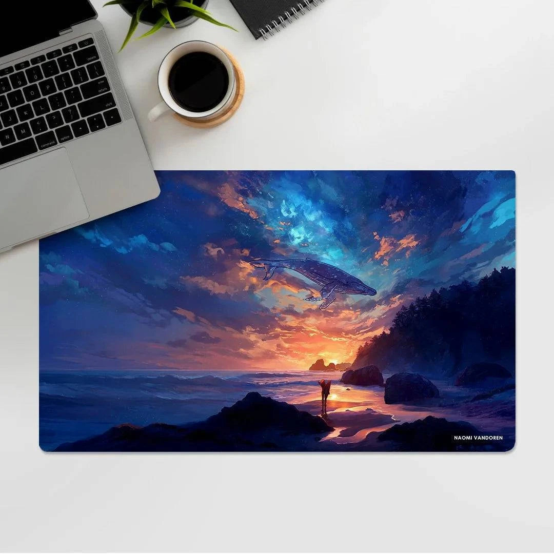 Large Moonstone Beach desk and gaming playmat by Naomi VanDoren featuring ocean-inspired moonstone and beach scene artwork.