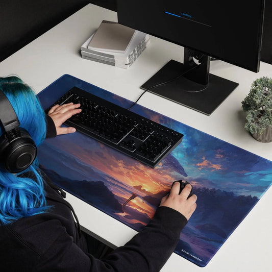 XL desk and gaming playmat featuring a scenic moonstone beach design by Naomi VanDoren.