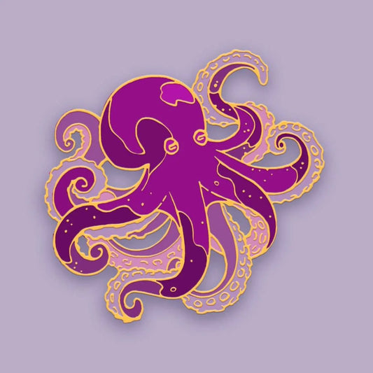 Purple octopus enamel pin by Naomi VanDoren, featuring intricate details and vibrant colors on a white background.