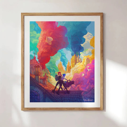 Framed art print titled "Paint The Town Blue" by Naomi VanDoren, featuring a vibrant blue abstract design on bamboo.