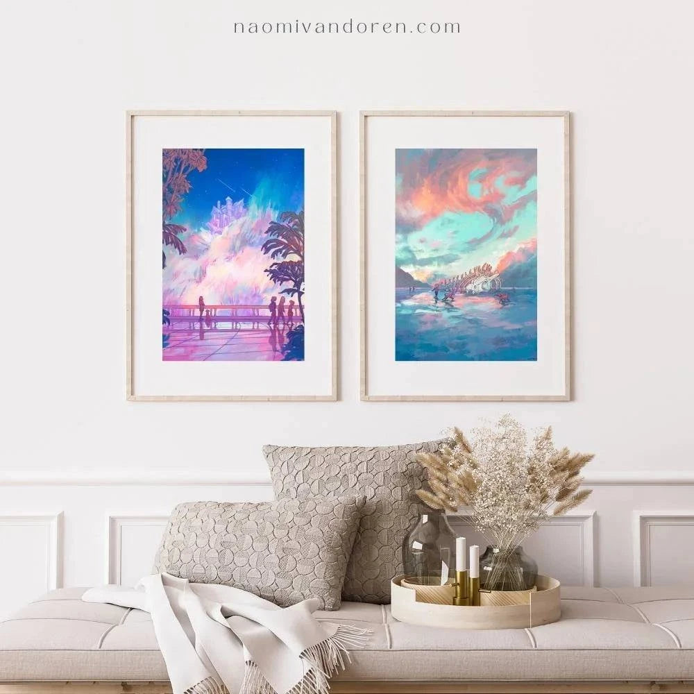 Naomi VanDoren's City in the Clouds art print features a dreamy cityscape with clouds and vibrant colors, perfect for wall decor.