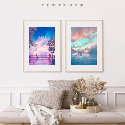 Colorful Dragon Beach art print by Naomi VanDoren, featuring a vibrant beach scene with dragons and whimsical elements.