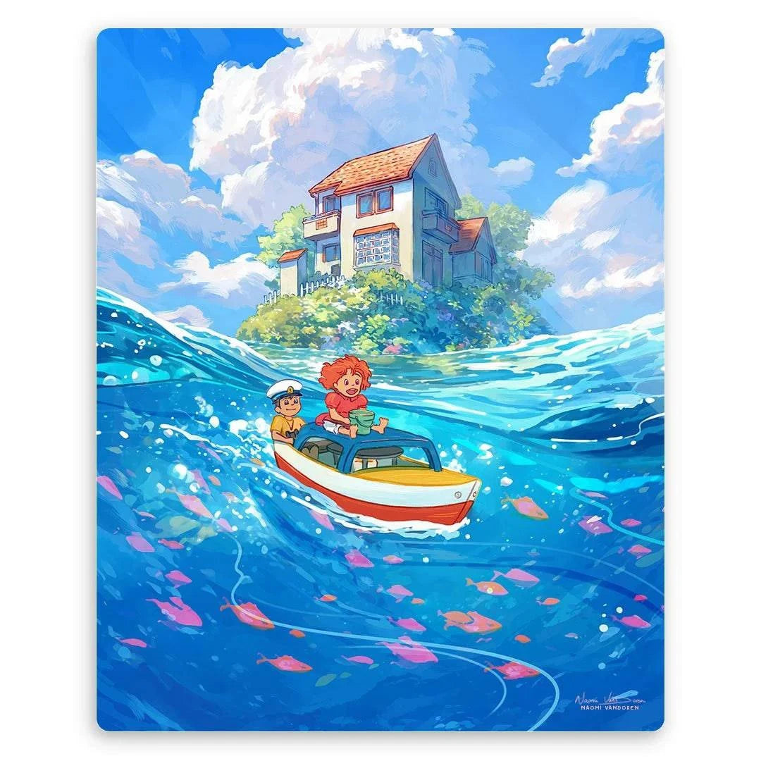 Art print titled "Through the Waves" by Naomi VanDoren featuring a colorful Ponyo-inspired design on metal.