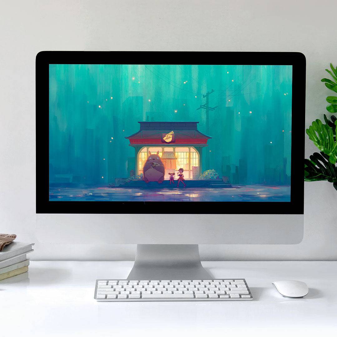 Ultra-wide desktop wallpaper of a ramen shop scene by Naomi VanDoren, featuring detailed digital art for desktop backgrounds.