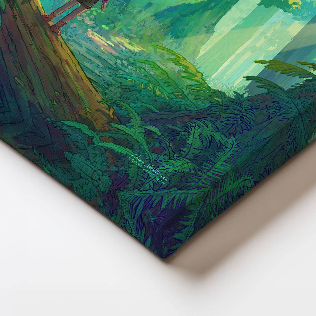 Redwood Explorer art print by Naomi VanDoren featuring a detailed forest scene on canvas with edge detail.