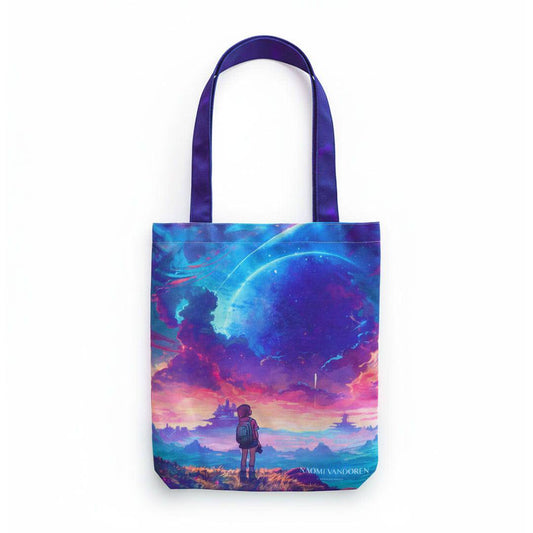 Colorful tote bag featuring a shuttle launch design by Naomi VanDoren, perfect for carrying everyday essentials.