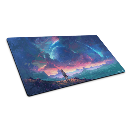 XL desk mat featuring a colorful shuttle launch design by Naomi VanDoren, perfect for gaming or office use.