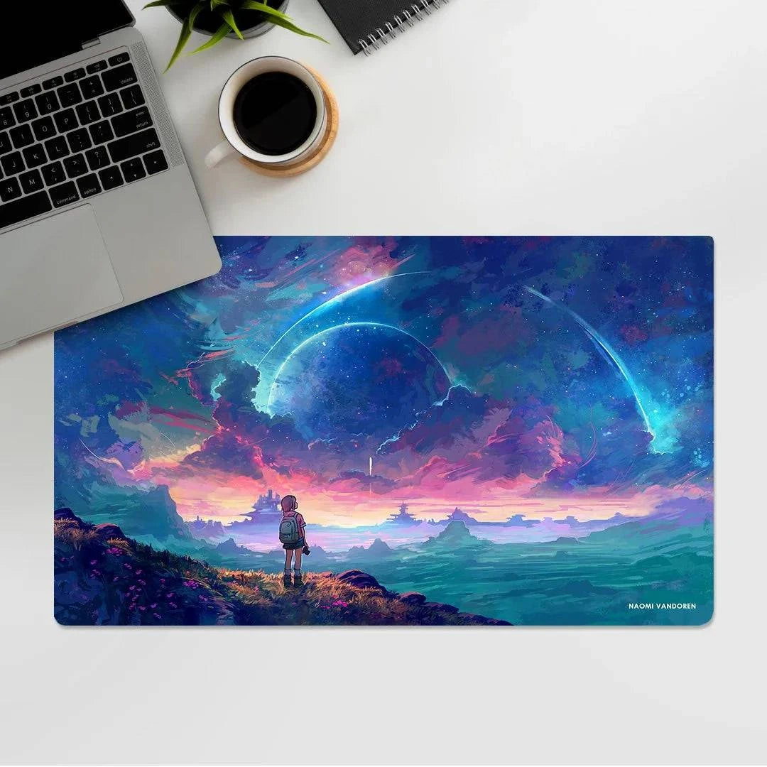 XL Shuttle Launch desk and gaming playmat by Naomi VanDoren featuring a detailed space shuttle launch scene.