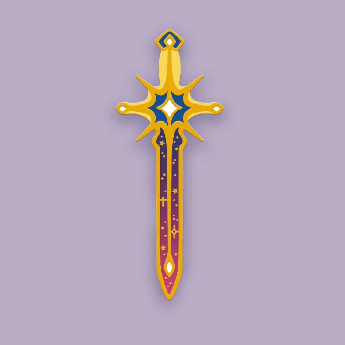 Enamel pin featuring a star-shaped sword design by Naomi VanDoren from Adventure Art & Stories, displayed on a white background.