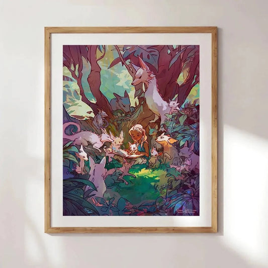 Framed Storytime art print by Naomi VanDoren featuring whimsical illustration and bamboo frame design.
