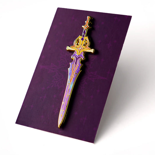 Celestial Sword enamel pin by Naomi VanDoren from Celestial Armory series, featuring a detailed sword design on a dark background.