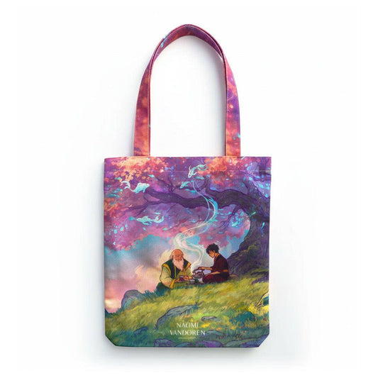 Tea in the Spirit World tote bag by Naomi VanDoren featuring whimsical artwork and durable fabric design.