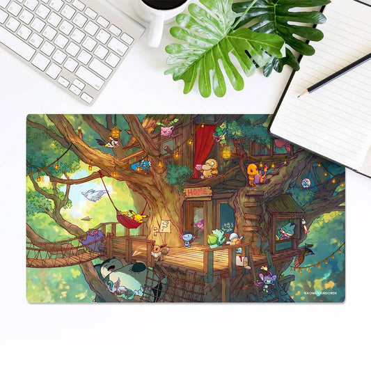 Large Treehouse creature collecting desk and gaming playmat by Naomi VanDoren, 24x14 inches, with detailed forest scene.