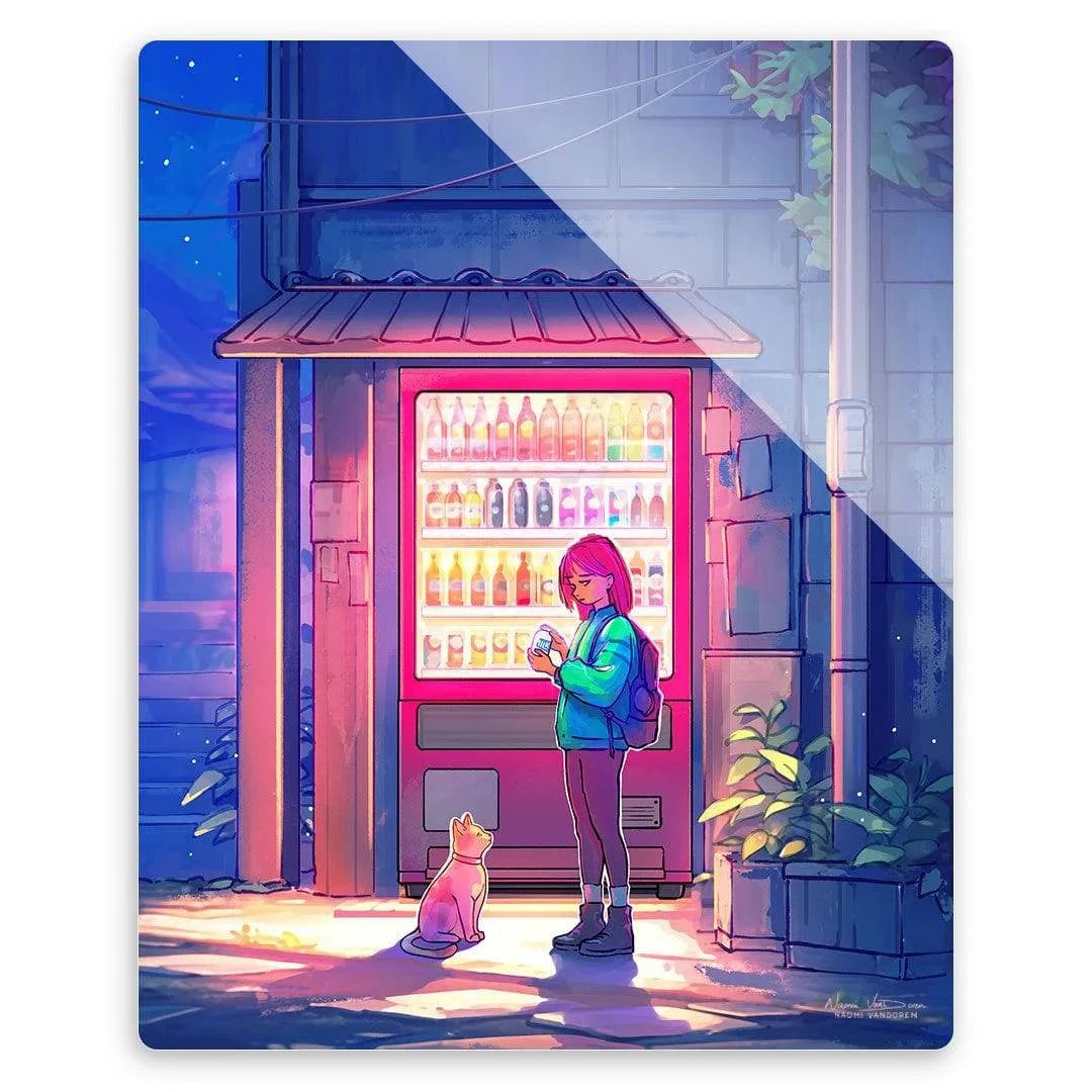 Late Night Snack art print by Naomi VanDoren featuring a vintage vending machine with snacks, in a square metal print design.