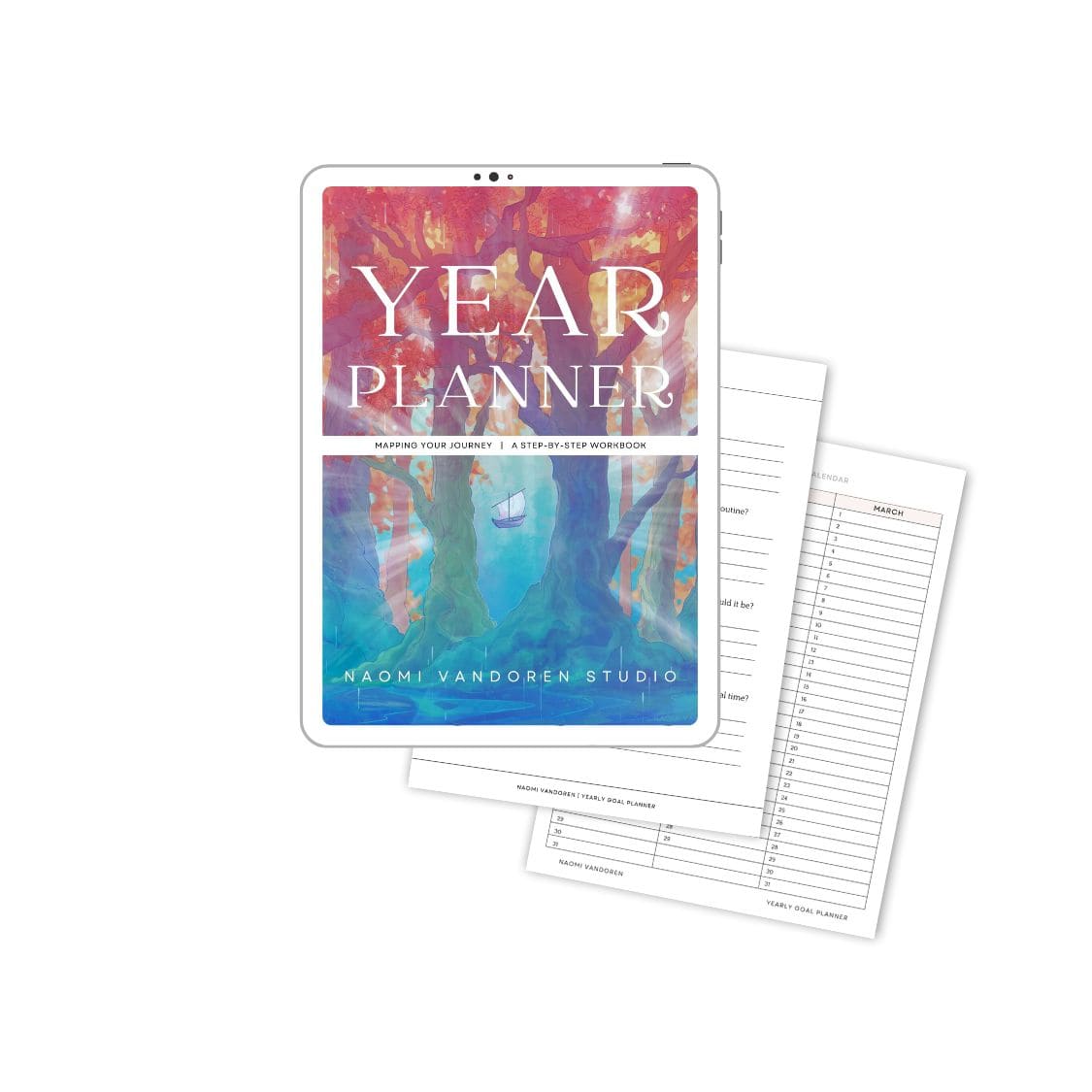 Year Goal Planner digital download by Naomi VanDoren featuring a detailed workbook layout for goal setting and planning.