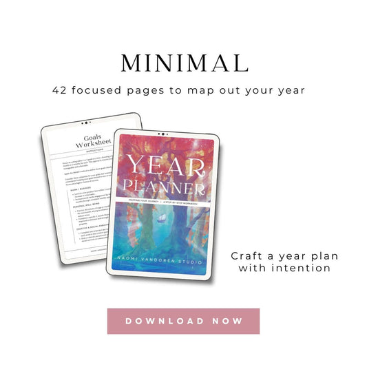 Digital year goal planner workbook by Naomi VanDoren featuring colorful pages and space for setting annual goals and planning.