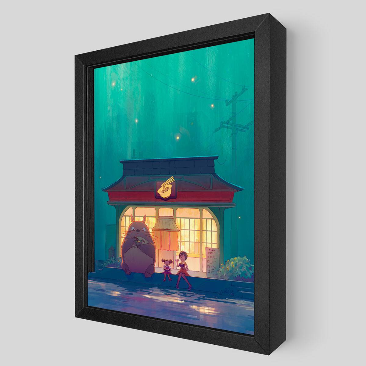 LED shadowbox art featuring a ramen shop scene by Artovision, with vibrant ramen bowl and shop details in a shadowbox display.
