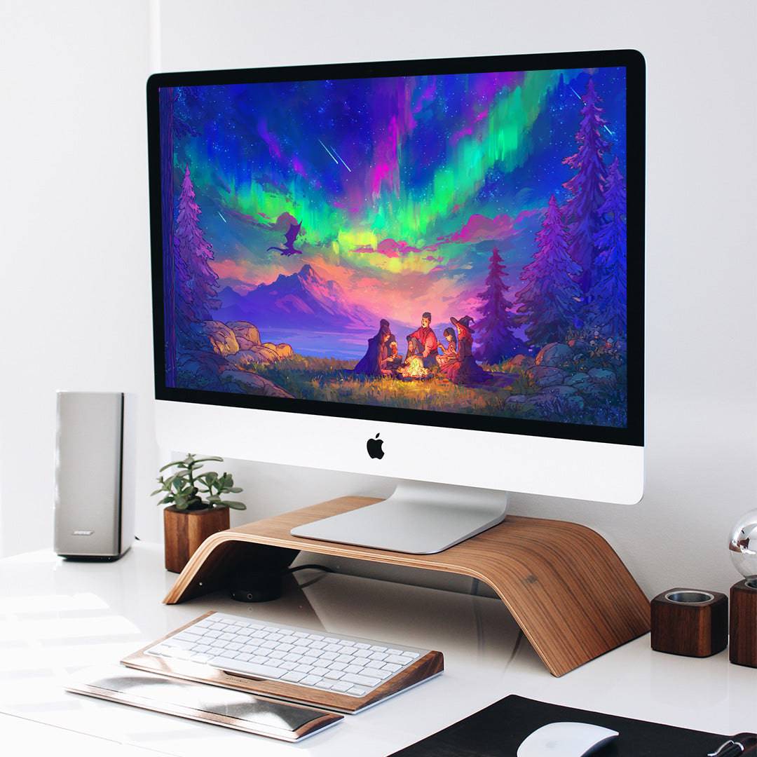Aurora Dragon desktop wallpaper by Naomi VanDoren featuring vibrant northern lights and a majestic dragon scene.