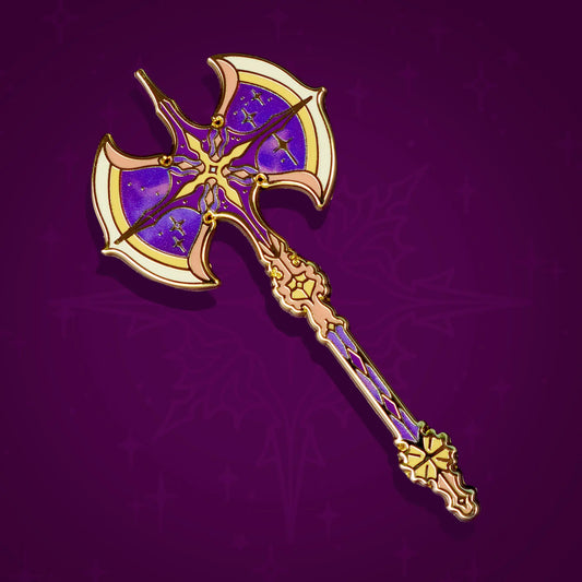 Celestial Armory Meteor Axe enamel pin by Naomi VanDoren featuring a detailed axe design with cosmic motifs.