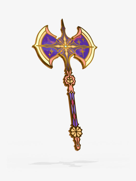 Celestial Armory Meteor Axe enamel pin by Naomi VanDoren on a white background, showcasing intricate design details.