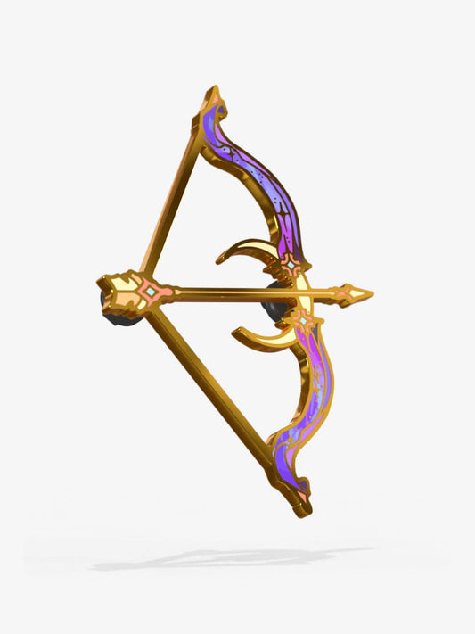 Celestial Armory Lunar Bow enamel pin by Naomi VanDoren featuring a detailed moon-themed bow design on a white background.