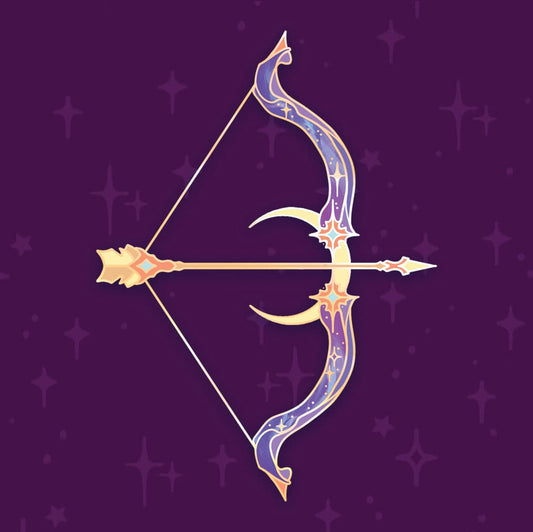 Celestial Armory Lunar Bow enamel pin featuring a detailed moon and star design by Naomi VanDoren, Adventure Art & Stories.