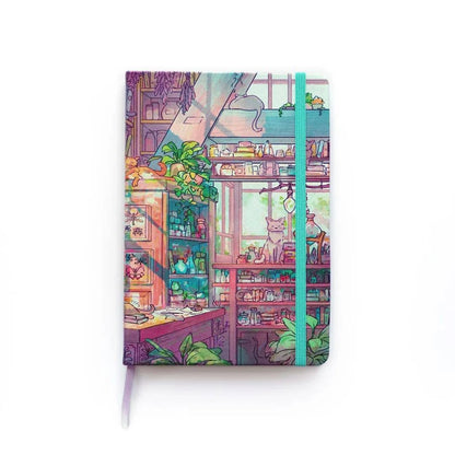Hardback notebook featuring cat-themed cover artwork by Naomi VanDoren from the Cat Shop Apothecary collection.
