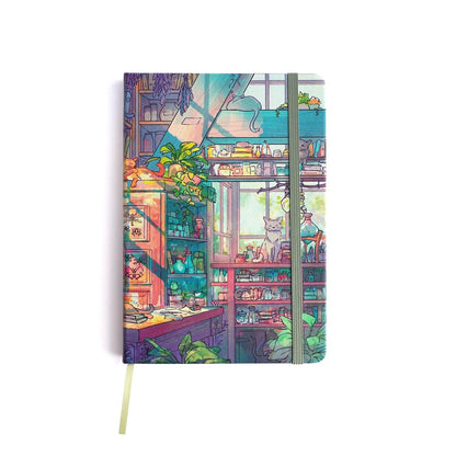 Hardback notebook by Naomi VanDoren for Cat Shop Apothecary featuring fantasy cat artwork, ideal for journaling or note-taking.