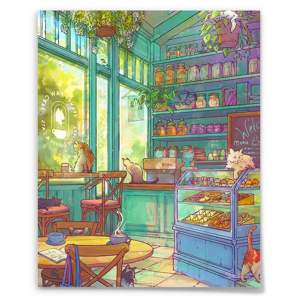 Colorful cat cafe art print by Naomi VanDoren featuring cats relaxing outside a cozy cafe scene, suitable for wall decor.