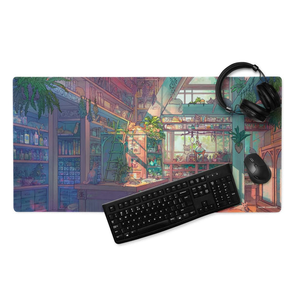 XL desk and gaming playmat by Naomi VanDoren featuring colorful cat-themed adventure art for workspace or gaming setup.