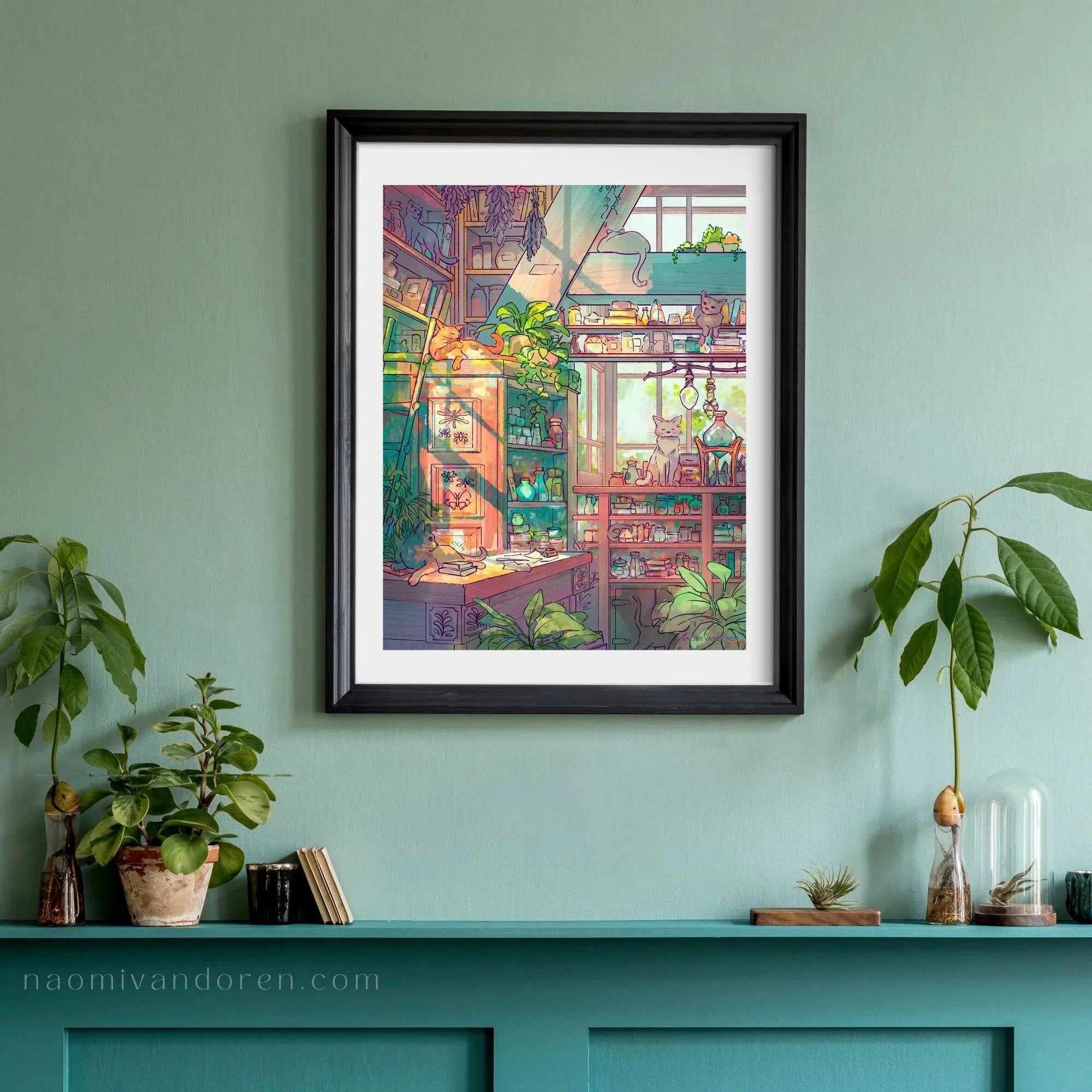 Framed teal art print of a cat by Naomi VanDoren from the Cat Shop Adventure Art & Stories collection.