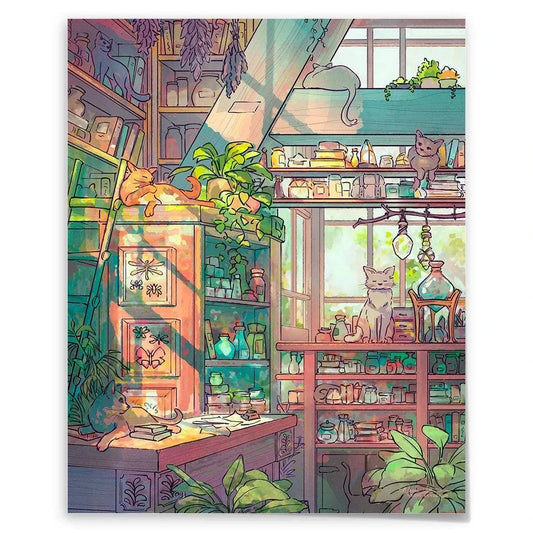 Colorful cat art print by Naomi VanDoren from the Cat Shop Apothecary collection, featuring whimsical feline illustrations.