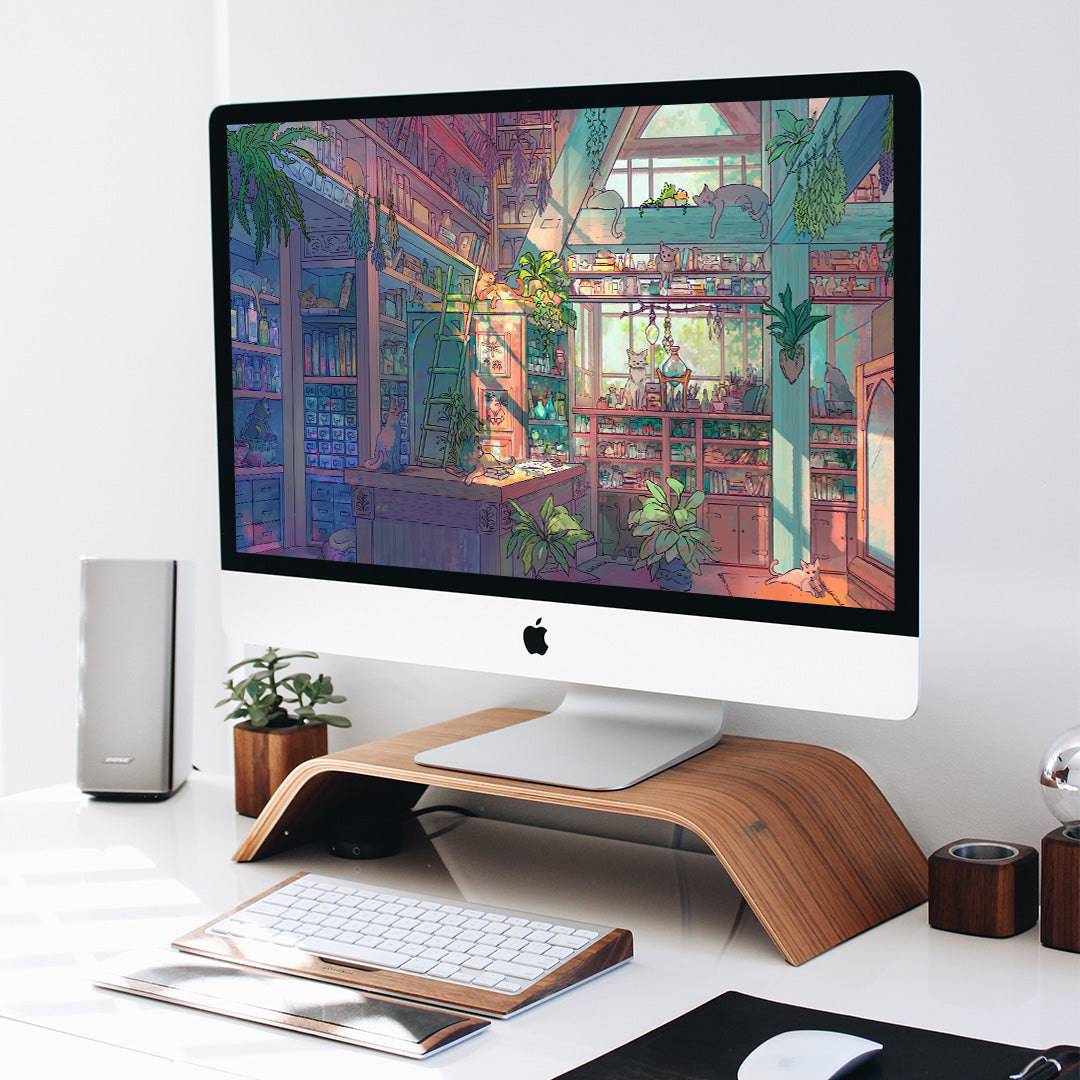 HD ultra-wide desktop wallpaper featuring a cat shop scene by Naomi VanDoren, digital download for computer backgrounds.