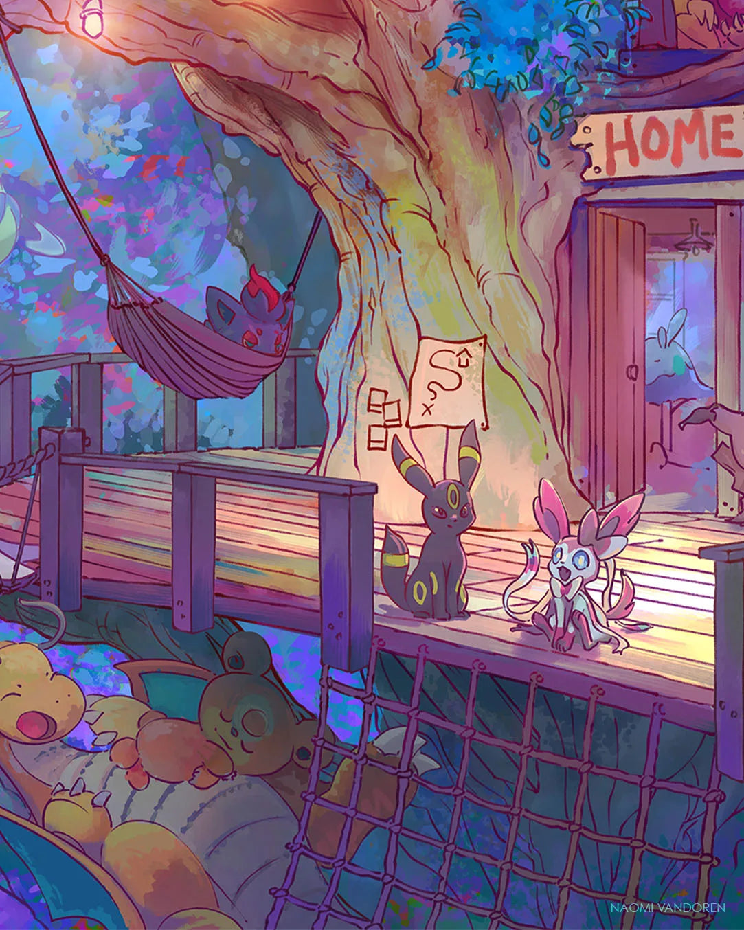 Creature Collecting Treehouse: Night  Scene - Art Print