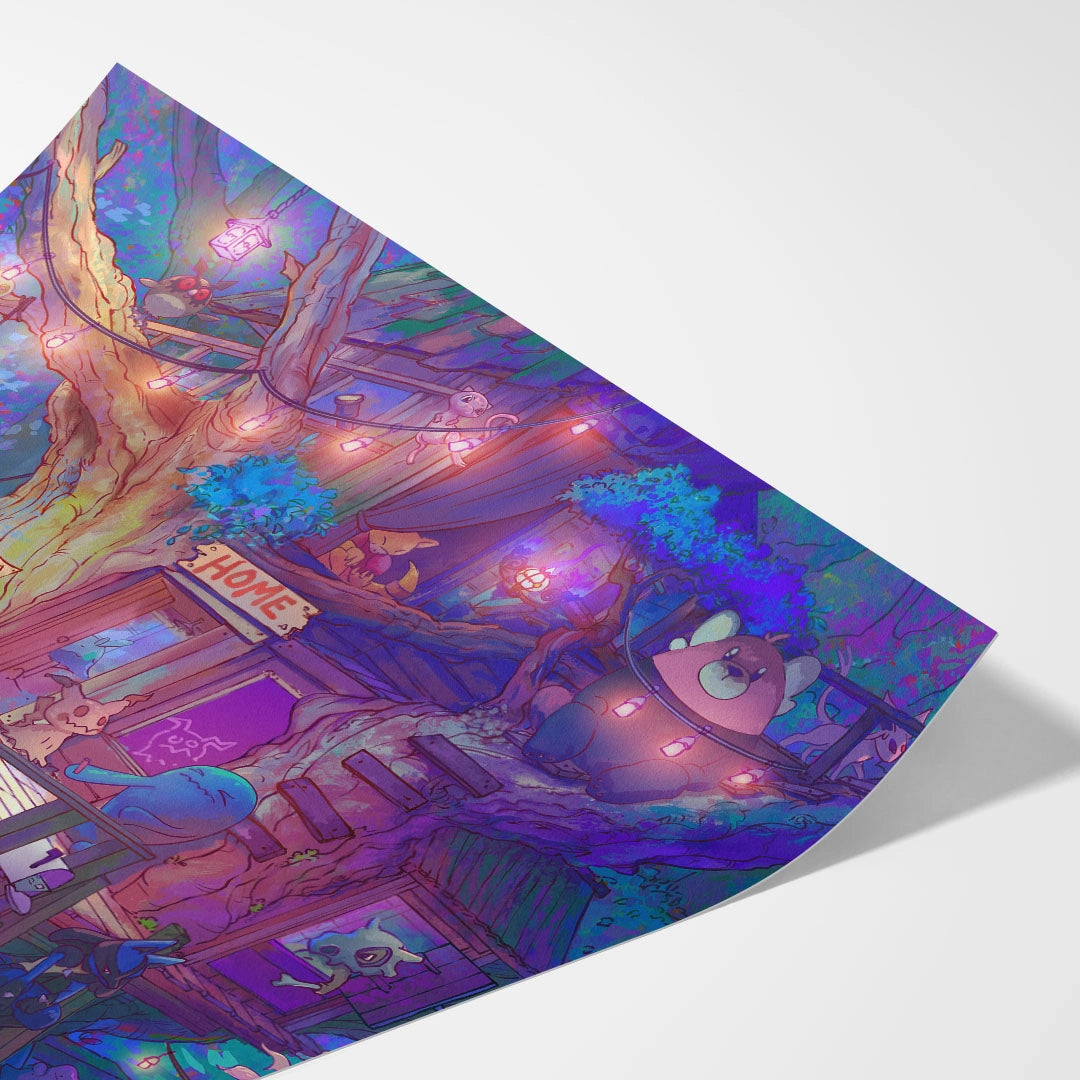 Creature Collecting Treehouse: Night  Scene - Art Print