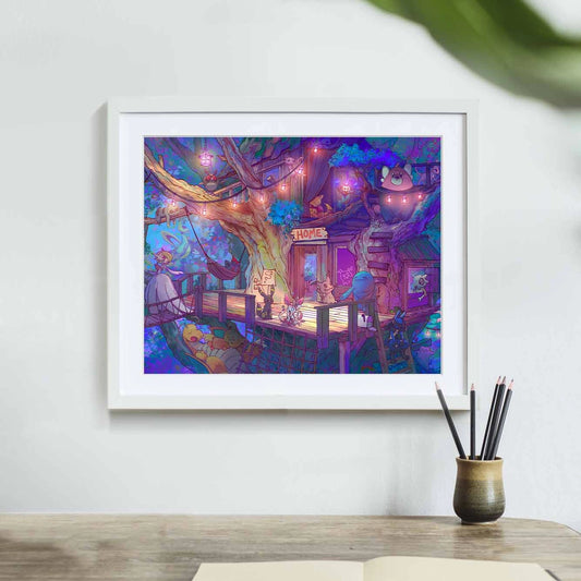 Creature Collecting Treehouse: Night  Scene - Art Print