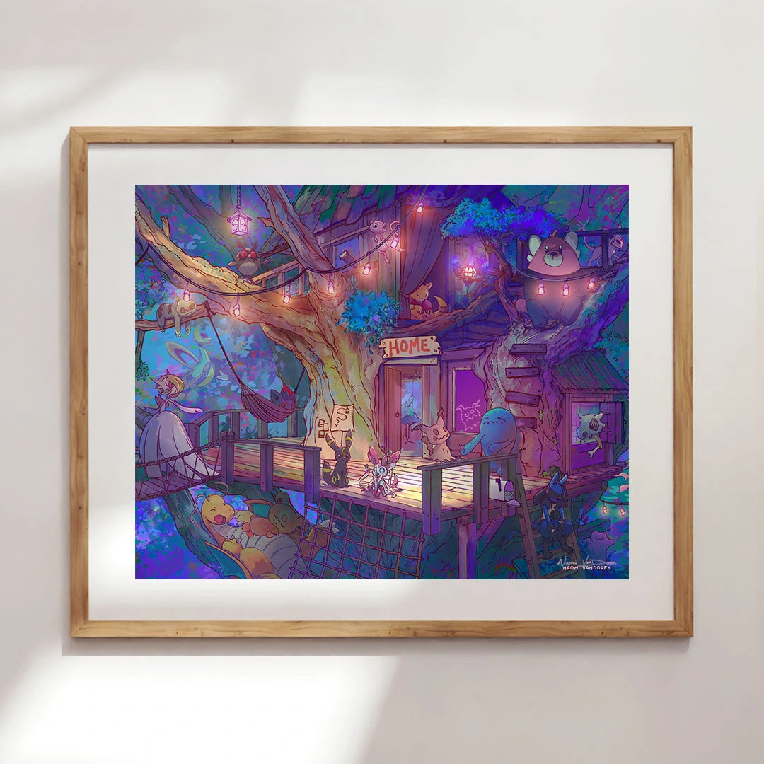 Creature Collecting Treehouse: Night  Scene - Art Print